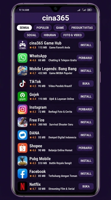 Tampilan katalog aplikasi cina365