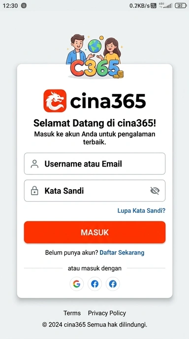 Tampilan halaman login cina365